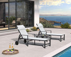 PURPLE LEAF Patio Lounge Chair Set of 3 Outdoor Chaise Lounger Aluminum Frame with Armrest Side Table and Wheels for Pool Outside Sunbathing Tanning Recliner Including Pillows White