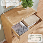Modern 5 Drawers Dresser for Bedroom, 45" Tall Dressers & Chests of Drawers w/Curved Profile Design, Wood Mid Century Vertical Dresser w/Natural Texture for Bedroom, Living Room, Natural Oak