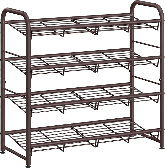 SONGMICS Stackable Shoe Rack, 4 Tier Metal Shoes Rack Storage Shelf, Holds up to 20 Pairs Shoes, Adjustable Slanted Shelves Tower Organizer for Closet Entryway Small Spaces, Bronze