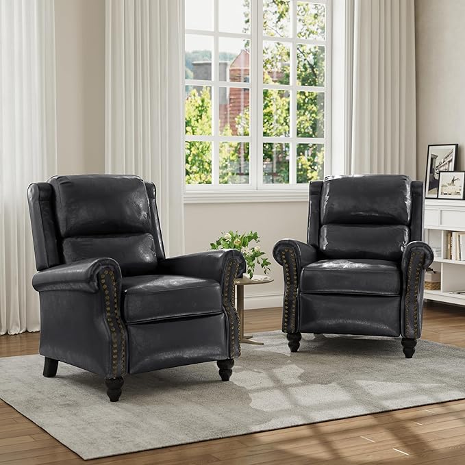 Faux Leather Recliner Chair, Modern Pushback Armchair with Adjustable Backrest & Footrest for Bedroom, Living Room, Black, Set of 1