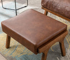 Wahson Brown Leather Mid-Century Modern Accent Chair and Ottoman Set, Retro Upholstered Armchair with Wood Frame and Removable PU Cushions, Large Leisure Slipper Chair for Living Room/Bedroom