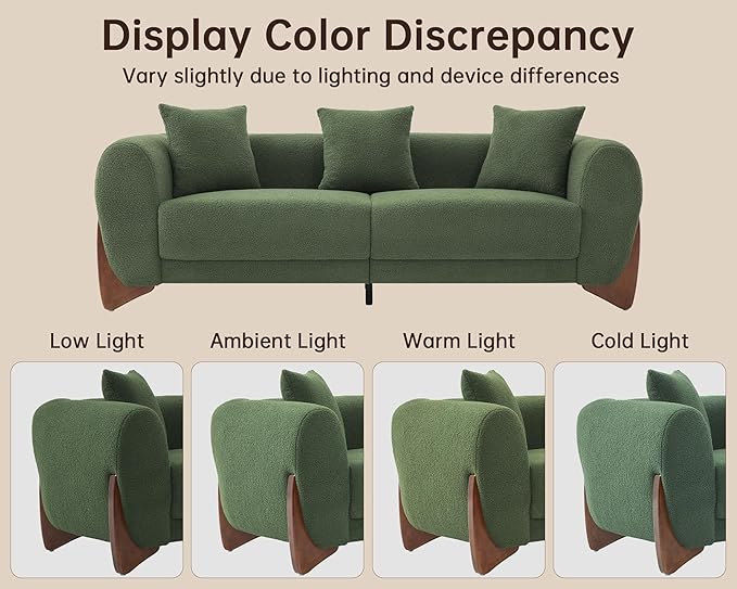 Morden Fort 3 Piece Cloud Couch Set, Modern Sherpa Boucle Sofa Set with Wood Legs, Skin-Friendly Minimalist Upholstered Comfy Couch Sofas for Living Room, 3-Seater Sofa & 2 Chairs, Forest Green