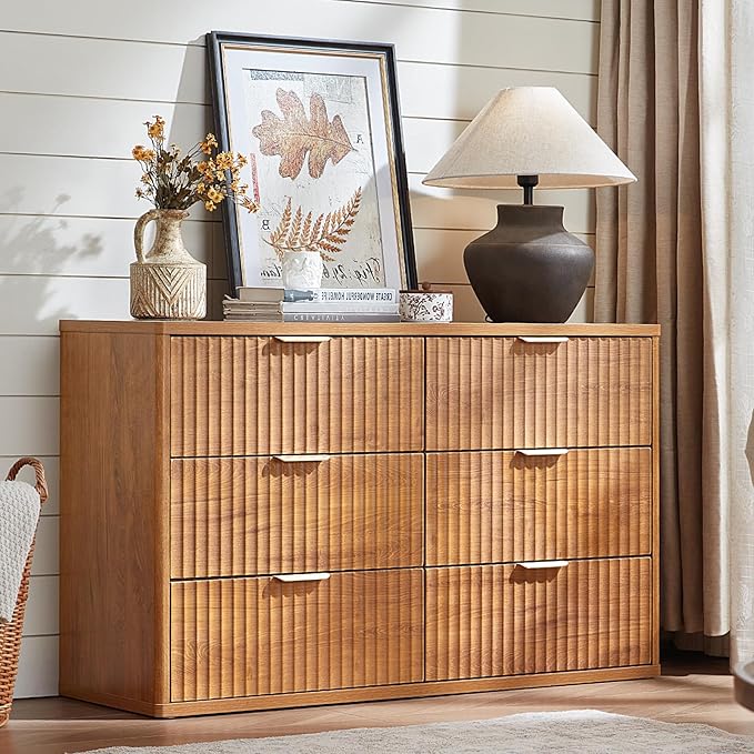 LEYAOYAO Fluted 6 Drawers Dresser, 48" Wide Modern Chest of Drawers with Wood Grain Top, Curved Profile Design, Dresser TV Stand, Wood Drawer Organizer for Bedroom, Living Room, Hallway,Brown