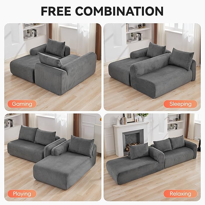 103'' Boneless Corduroy L Shaped Couch, 3 Seat Modular Sectional Deep Seat Sofa with Chaise Lounge, No Assembly Cloud Lounge Sleeper Sofa, Grey