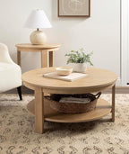 Kate and Laurel Foxford Tiered Round Coffee Table; 34 x 34 x 17; Light Natural; Transitional Two-Tier Circle Living Room Table with Storage and Resilient Wood Construction