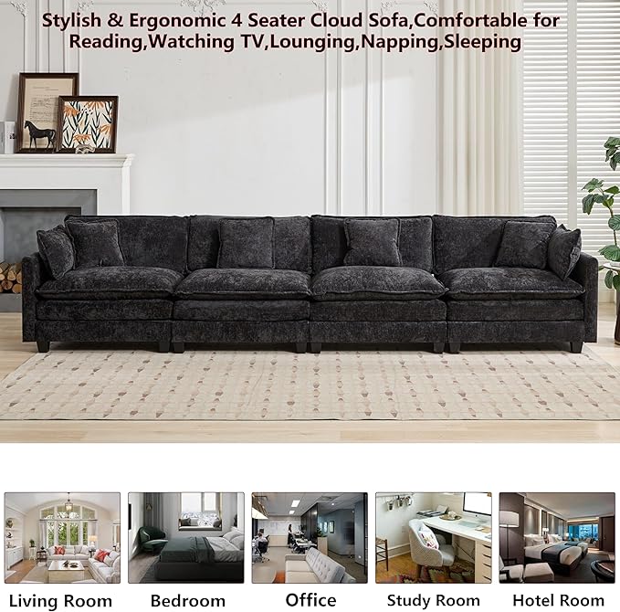 Aoowow Modular Sectional 4 Seater Cloud Sofa Couch for Living Room,149.6" Cloud Sofas with Deep Seat,Modern Chenille 4 Seat Sofas,Fluffy Cloud Couches for Bedroom,Office,Hotel (Black, 4 Seater)