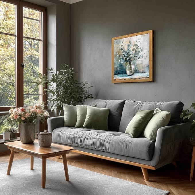 HLXRAE Eucalyptus Leaf Wall Art, Sage Green Botanical Canvas Print, Rustic Farmhouse Bathroom Wall Decor, Soft Blue Floral Aesthetic Picture for Bedroom living Room Wood Framed 16x16 inch