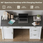 Farmhouse Executive Desk with Storage Drawers and File Cabinet, 60" Vintage Home Office Desk with Power Outlet and Roman Column, Wood Computer Desk with Keyboard Tray for Work and Study, Antique White