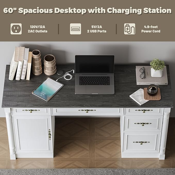 Farmhouse Executive Desk with Storage Drawers and File Cabinet, 60" Vintage Home Office Desk with Power Outlet and Roman Column, Wood Computer Desk with Keyboard Tray for Work and Study, Antique White