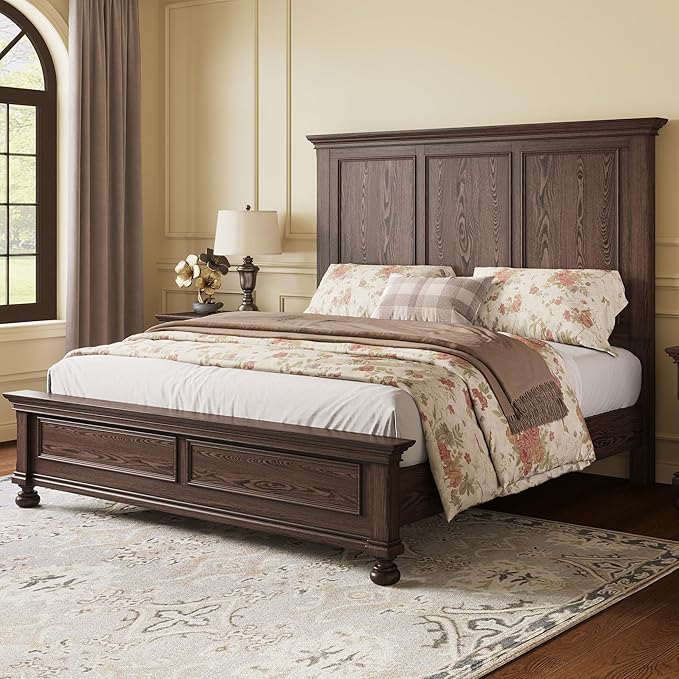 AMERLIFE Solid Wood Queen Bed Frame with 65.2" High Headboard, Traditional Platform Bed with Heavy Duty Slats, No Box Spring Needed, Easy Assembly, Dark Brown