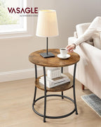 VASAGLE Side Table, 2-Tier Round End Table, Nightstand with Steel Frame for Small Spaces, Living Room, Bedroom, Rustic Brown and Ink Black