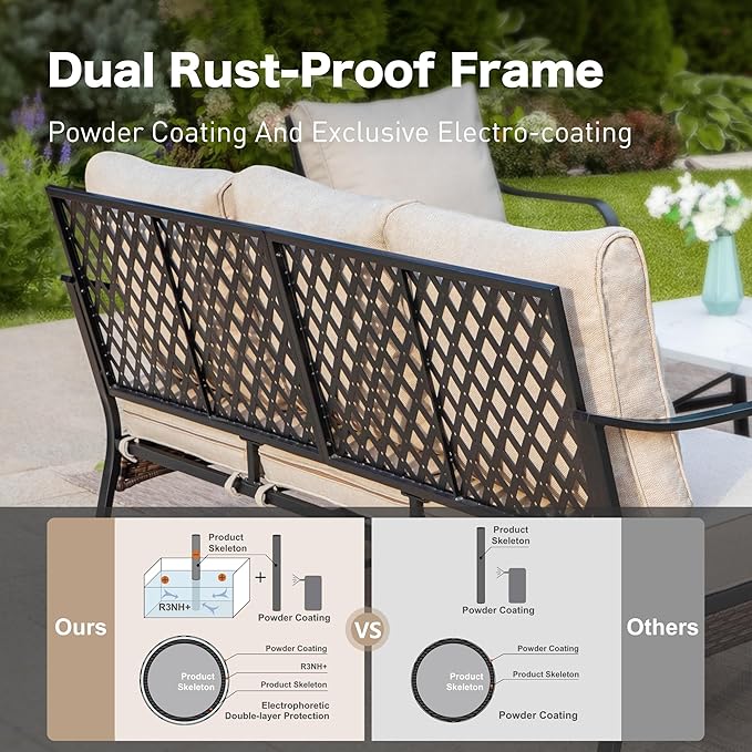 5 Piece Metal Outdoor Patio Furniture Set, Patio Conversation Sets 1 3-Seater Sofa, 2-Seater Sofa, 2 Fixed Sofa with 5.75" Thick Cushion & Coffee Table Black Backyard Furniture, Beige