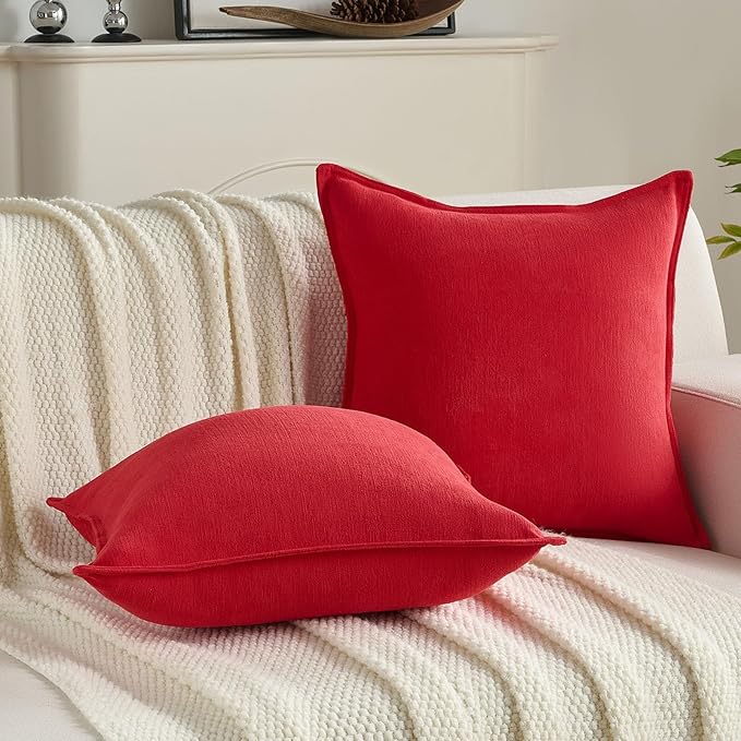 FUTEI Christmas Red Chenille Throw Pillow Covers 18x18 Inch Set of 2,Edges Double-Stitched Cushion Cases,Modern Home Decor for Couch Living Room