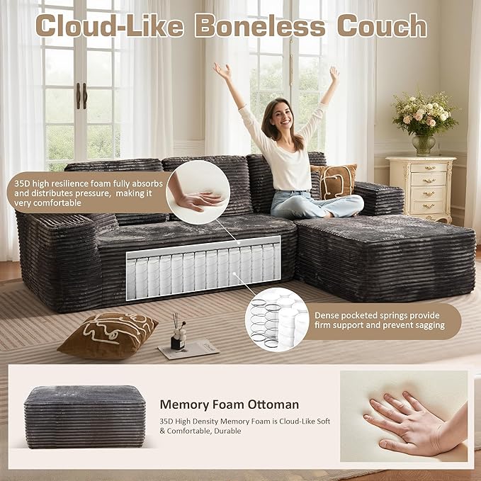 135.4'' U Shaped Sectional Couches for Living Room, Large Boneless Cloud Couch, Modern Modular Sofa Deep Seat Plush Corduroy, No Assembly Required,Plush Corduroy,Gray