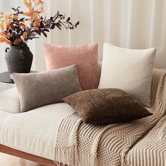 Foindtower Pack of 2 Textured Chenille Throw Decorative Pillow Covers Square Accent Solid Cushion Cover Neutral Farmhouse Pillow Case for Couch Sofa Bedroom Living Room 24x24 Inch,Dusty Pink