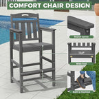 HDPE Outdoor Patio Tall Adirondack Bar Chairs Set of 2, All-Weather Bar Height Balcony Adirondack Stools for Bistro, Garden, Backyard, Pool, Deck | Grey