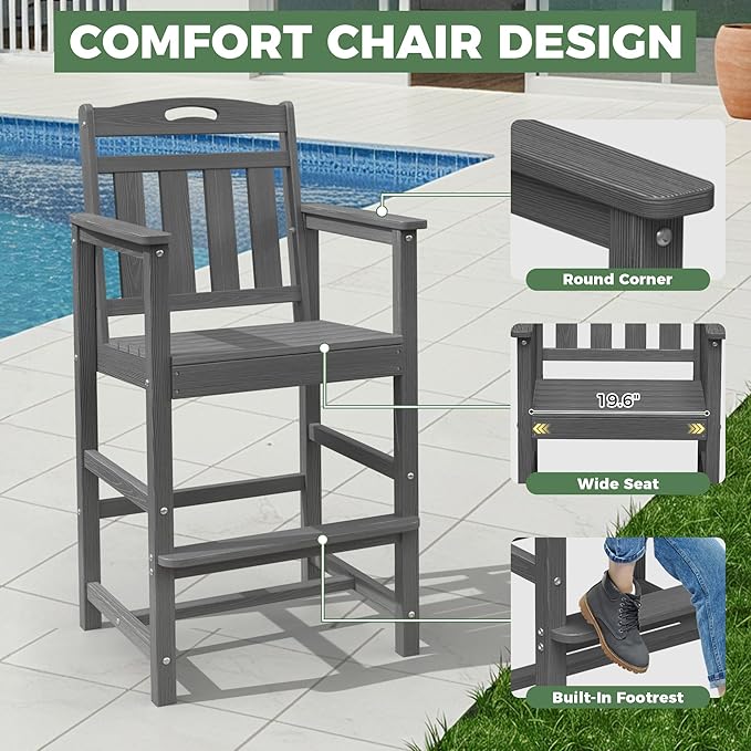 HDPE Outdoor Patio Tall Adirondack Bar Chairs Set of 2, All-Weather Bar Height Balcony Adirondack Stools for Bistro, Garden, Backyard, Pool, Deck | Grey