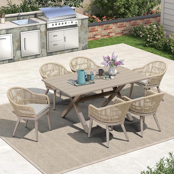PURPLE LEAF 7 Pieces Patio Dining Set with Outdoor Aluminium Dining Table and Woven Rattan Chairs Modern Metal Furniture Cushions Sets for Garden Yard Indoor Decor Kitchen Champagne