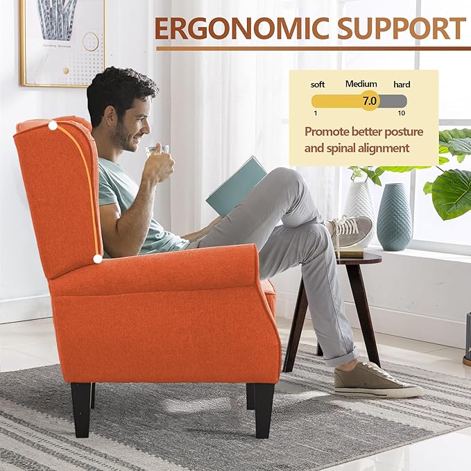 Accent Chair for Living Room, Vintage Orange Fabric Bedroom Corner Seats, Elegant English Armchairs with High Back, Modern Living Room Reading Wing Chair, Sillones para Sala
