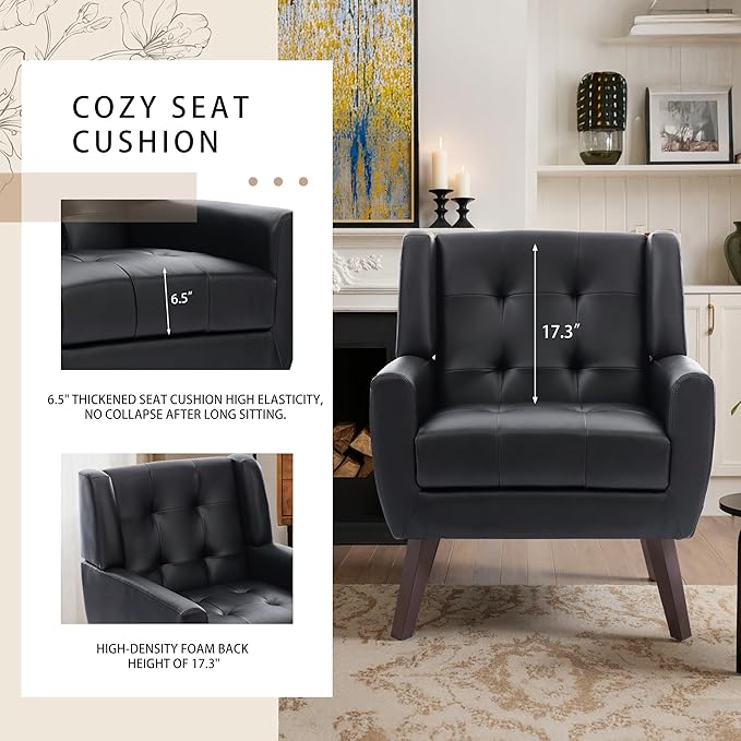 Faux Leather Accent Chair, Mid-Century Modern Upholstered Armchair, Comfy Living Room Chairs Reading Chairs with Button Tufted Back & Solid Wood Legs for Bedroom, Office, Black
