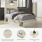Signature Design by Ashley Cambeck Farmhouse Twin Panel Platform Bed with 2 Storage Drawers, Cubbies, Sconce Light and USB Ports, Foundation or Box Spring Not Needed, Whitewash