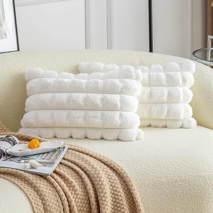 Neelvin Cream White Faux Fur Cozy Soft Plaid Decorative Throw Pillow Covers 12x20 inch Set of 2,Velvet Pillowcase Cushion Case for Sofa Couch