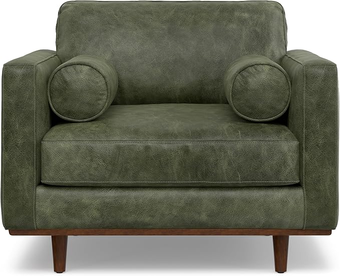SIMPLIHOME Morrison Accent Chair - 43 inch Wide Upholstered Top Grain Genuine Leather Mid-Century Modern Arm Chair with Solid Wood Frame in Moss Green, for Living Room with 2 Bolster Pillows