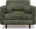 SIMPLIHOME Morrison Accent Chair - 43 inch Wide Upholstered Top Grain Genuine Leather Mid-Century Modern Arm Chair with Solid Wood Frame in Moss Green, for Living Room with 2 Bolster Pillows