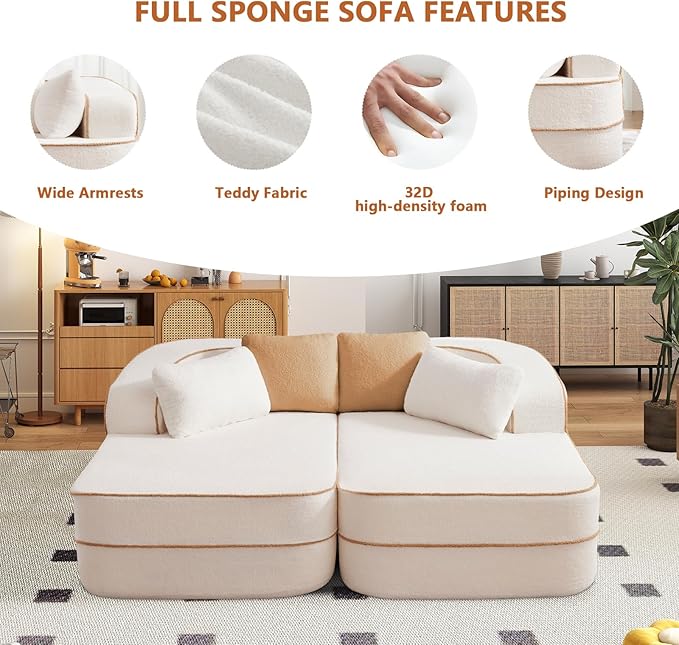 Cloud Sectional Sofa Modern Boneless Couch for Living Room, Comfy Deep Seat Comfy Teddy Fabric Double Sofa Chaise No Assembly Required (White, 77.2" Double Chaise Lounge)