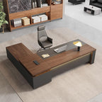L-Shaped Executive Desk with LED Lights, Lockable Storage & 3-in-1 Charging Station, Reversible Cabinet, Modern Wood Office Desk for CEO, Manager & Home Office(Red Walnut+Black, 95"L*71"W*30"H)