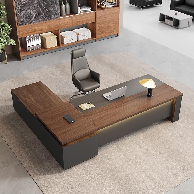 L-Shaped Executive Desk with LED Lights, Lockable Storage & 3-in-1 Charging Station, Reversible Cabinet, Modern Wood Office Desk for CEO, Manager & Home Office(Red Walnut+Black, 71"L*63"W*30"H)