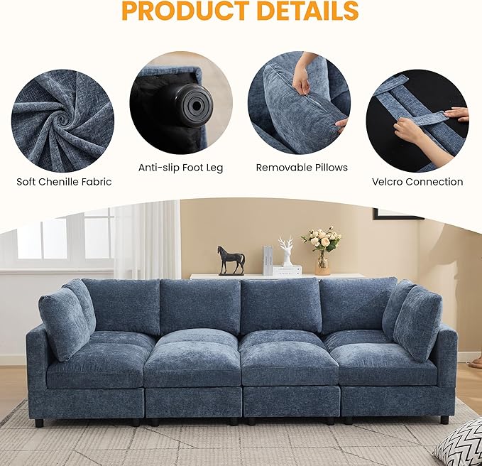 Modular Sectional Cloud Sofa Bed, 6-Seater Convertible Sofa Couch with Ottoman, Modern Deep Seat Sleeper Sofa for Living Room, Chenille Blue