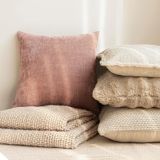 Foindtower Pack of 2 Textured Chenille Throw Decorative Pillow Covers Square Accent Solid Cushion Cover Neutral Farmhouse Pillow Case for Couch Sofa Bedroom Living Room 24x24 Inch,Dusty Pink