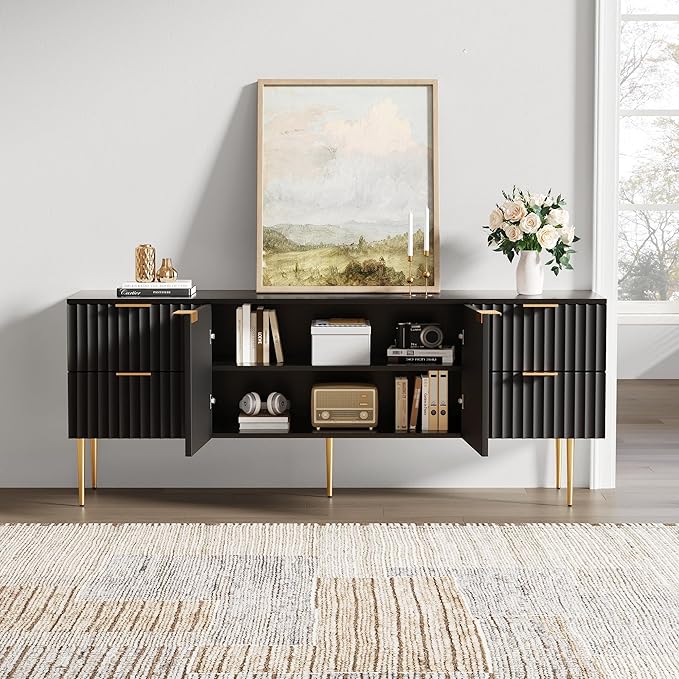 SICOTAS TV Stand for 55/60/65/70 Inch TV - 62 Inch TV Stands for Living Room Entertainment Center with 4 Drawers, Fluted Modern TV Media Console Television Cabinet for Bedroom(Black, 1 Piece)