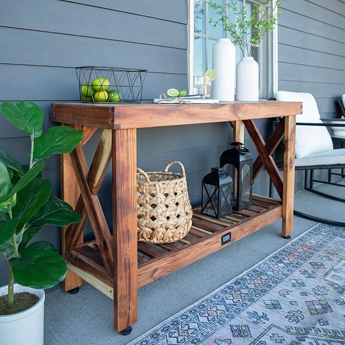 Backyard Discovery 48" Acacia Wood Farmhouse Narrow Console Table with Lower Slat Storage Shelf, Water-Resistant Design for Patio, Deck, Entryway, Living Room, Sofa Table, Indoor or Outdoor Use