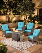 Outdoor Patio Chairs with Fire Pit Table 5 Piece Set - High Back Brown Wicker Rattan Lawn Chair with Thick Cushion for Porch Apartment Deck Yard Poolside Garden - Turqoise