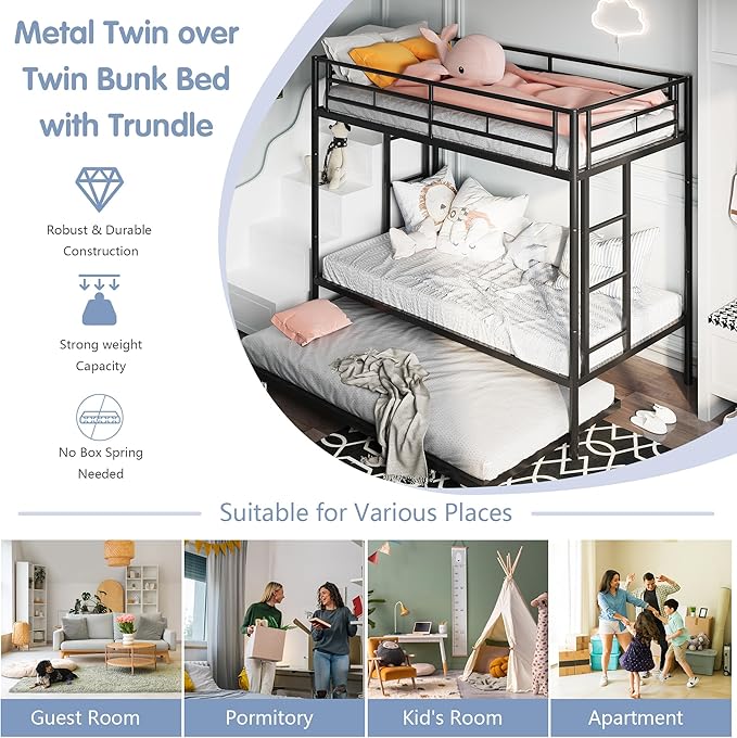 SUNLEI Metal Bunk Beds with Double Secured Ladders, Twin Bunk Bed with Surrounded Safety Guardrails, Space Saver Twin Beds, Noise Free for Small Bedroom, with Trundle Function, Black