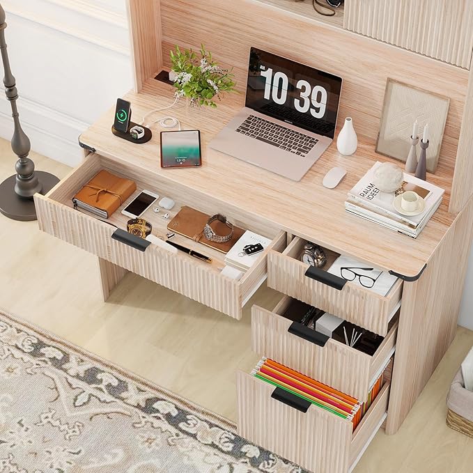 Farmhouse 67" H Executive Desk with Fluted Drawers,4 Drawers Fluted Computer Desk with LED Light,Charging Hub,Wood Workstation with Hutch and Sliding Barn Doors for Work and Study