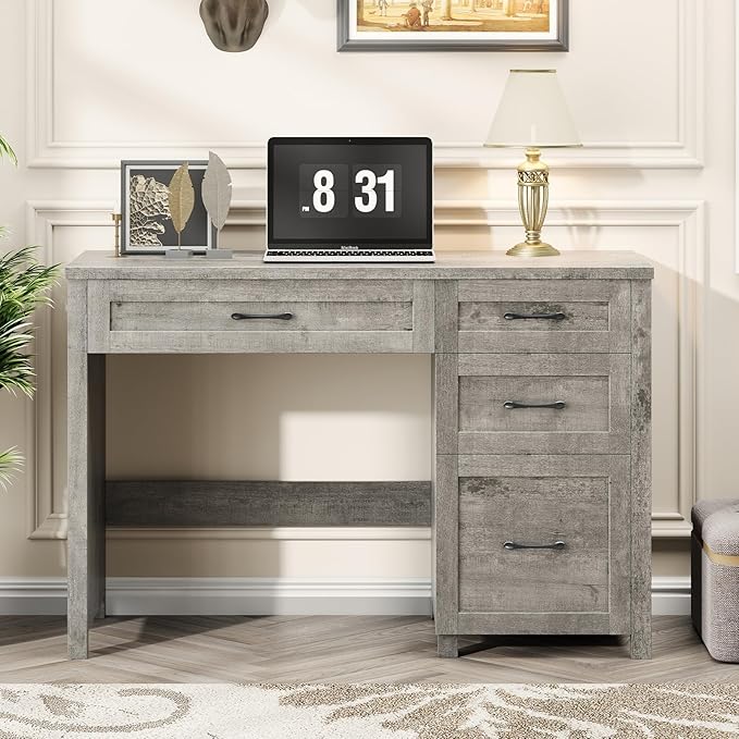 Vabches Farmhouse 47" Executive Desk, Computer Desk with File Drawer and Charging Station, Workstation for Home Office, Study.Grey.