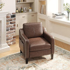 PU Leather Accent Chair, Mid-Century Modern Living Room Armchair Sofa with Removable Cushions, Solid Wood Frame & Stitched Armrest Design, Bedroom Chair with Plastic Legs, Chocolate Brown