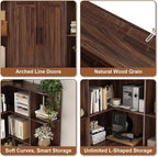 74" Tall Corner Bookshelf with 2 Arched Doors, 6-Tire L Shaped Bookcase with 16 Open Storage Shelves, Rustic Large Corner Shelf with Cabinet for Living Room, Home Office