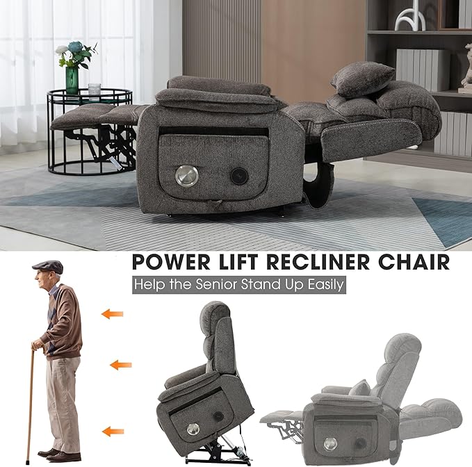 Lift Chair Lay Flat Recliner Heat Massage Dual Motor Infinite Position Power Recliners with Left Side Tray Table-Wireless Charger,Cup Holder (Dark Grey Chenille Fabric)