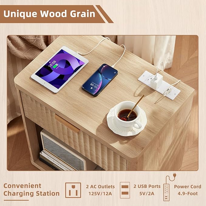 LEYAOYAO Fluted Farmhouse Nightstand Set of 2 with Charging Station, 23" Wide 1 Drawers End Table,Natural Dresser for Bedroom,Bed Side Table Chest of Drawers Cabinet,Wood Night Stand for Living Room