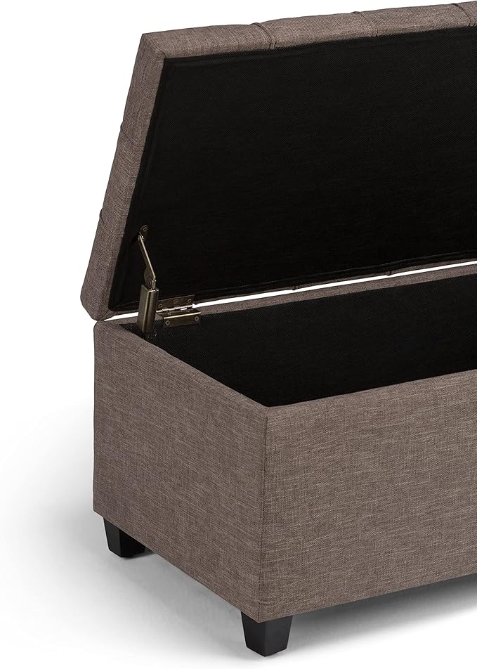 SIMPLIHOME Sienna 33 inch Wide Transitional Rectangle Storage Ottoman Bench in Fawn Brown Linen Look Fabric, Assembled, For the Living Room, Entryway and Family Room
