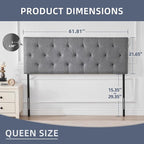 Linen Upholstered Headboard Queen Size, Modern Diamond Tufting Solid Wood Queen Headboard Only, Adjustable Height from 37” to 51” Head Board, Bed Frame or Wall Mount Headboards, Light Grey
