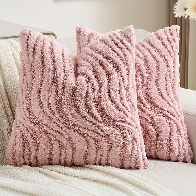 FUTEI Pink Decorative Throw Pillow Covers 22x22 Inch Set of 2,Soft Faux Fur Geometric Shapes Texture Cushion Case,Boho Home Decor for Couch Bed Living Room