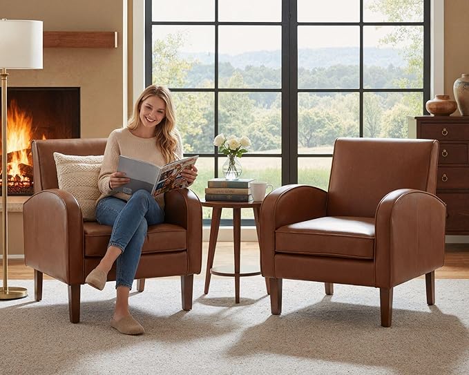 Brown Faux Leather Accent Chairs Set of 2, Mid Century Modern Upholstered Arm Chairs with Wooden Legs, Comfy Reception Office Club Reading Side Lounge Chair for Living Room Bedroom