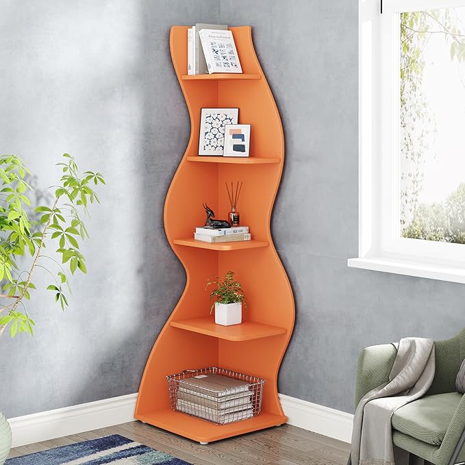 Tribesigns Corner Shelf, Modern 5-Tier Wall Corner Bookshelf, Stylish Corner Small Bookcase Storage Rack Plant Stand with Unique Shape for Living Room, Home Office (Orange, 1PC)