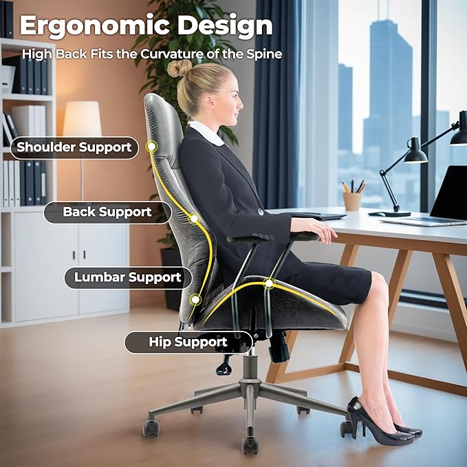 ovios Home Office Ergonomic Chair, Mid-Century Modern Luxury Faux Suede Leather Chairs, Comfy High Back Computer Swivel Rolling Task Armchair for Executive, Grey