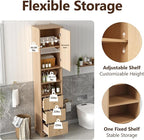 Tall Freestanding Storage Cabinet with One Door & 3 Drawers, Multi-Purpose Organizer with Open Storage and Adjustable Shelf for Bathroom, Office, Living Room, Wood
